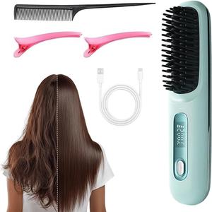 Go Brush, 2026 Upgrade Portable Hair Straightener Brush for Travel, Mini Cordless Hair Straightener Comb with Temperature Display for Women (Blue)