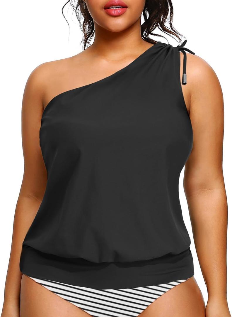 Women Plus Size Tankini Tops - 2025 Black Blouson Tummy Control Swim Top Only One Shoulder Bathing Suit Top No Bottom, Size 18, Black