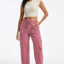 Cargo Pants for Women Low Rise Drawstring Waist 7 Pockets Hiking Work Wide Leg Pants with Zipper Button Closure (Small, Pink)