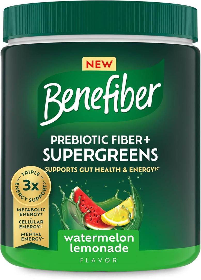 Benefiber Prebiotic Fiber + Supergreens Dietary Supplement Powder, Watermelon Lemonade Flavor, 8.8 oz (250g), 25 Day Supply, Best By:  01/2027