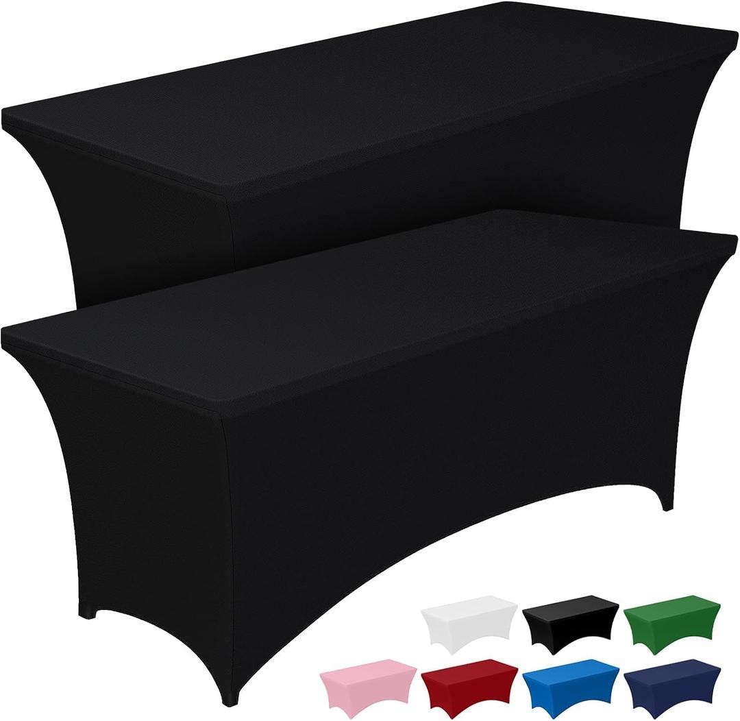 Pureegg Spandex Tablecloth 6ft - 2 Pack, Fitted and Tight Cloth for Rectangle Table, Wrinkle-Free and Stretch Table Cover for Party, Wedding, Banquet and Birthday, Black, 6 Ft - 2 Pcs
