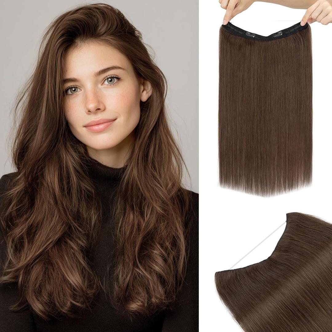 TESS Halo Hair Extensions Real Human Hair Remy Hair 12 Inch Straight Adjustable Invisible Wire Easy to Use Clip in, #02
