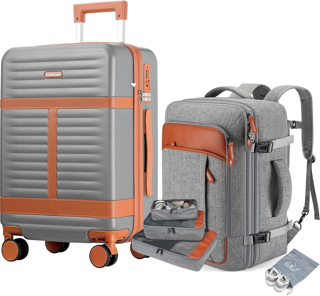 Lumesner 5 Piece Luggage Sets with Travel Backpack, 20" Carry On Hardside Spinner Suitcases, TSA Lock, Durable PC (Grey, 5 piece set (20inch))