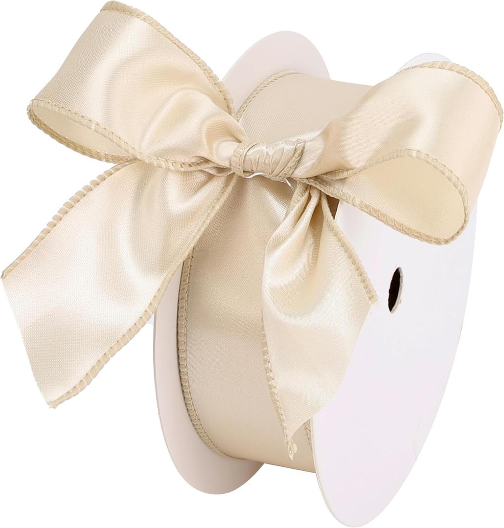 Champagne Satin Wired Ribbon 1.5 Inch, Wire Edge Ribbon for Gift Wrapping, 4th of July, Baby Shower, Wedding Decor, Christmas Tree, Crafts, Wreath Supplies 25 Yards