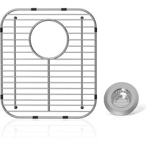 Stainless Steel Universal Sink Protector - 13.1" x 11.6" x 1" Grid With Rear Drain and Sink Strainers
