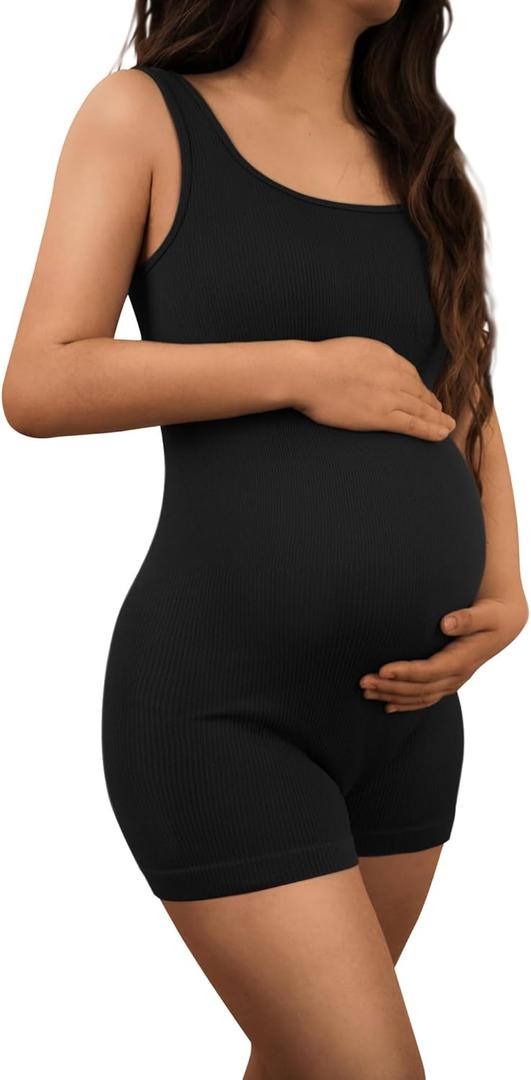 AIBIANOCEL Women's Maternity Bodysuit Pregnancy Shapewear Sleeveless Tank Top Shorts Ribbed Romper Jumpsuit (S, Black)