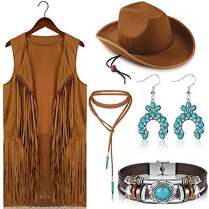Vabean 5 Pcs Western Cowgirl 70s Hippie Costume Set Include Vest Hats Turquoise Dangle Earrings Pendant Choker Bracelets XL