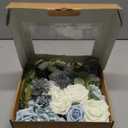 Ling's Moment Fake Flowers Box, Faux Artificial Plants Stems Foam Roses Silk Greenery for Wedding Decor Centerpieces Table Decorations Floral Arrangements, Dusty Blue & White, Grand Combo