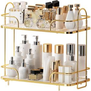 2 Tier Corner Bathroom Counter Organizer, Cosmetic Skincare Organizer, Bathroom Countertop Perfume Tray Vanity Organizer, Kitchen Spice Corner Storage Shelf | Bathroom Countertop, Perfume Tray, Vanity Organizer, Kitchen Spice (Gold)
