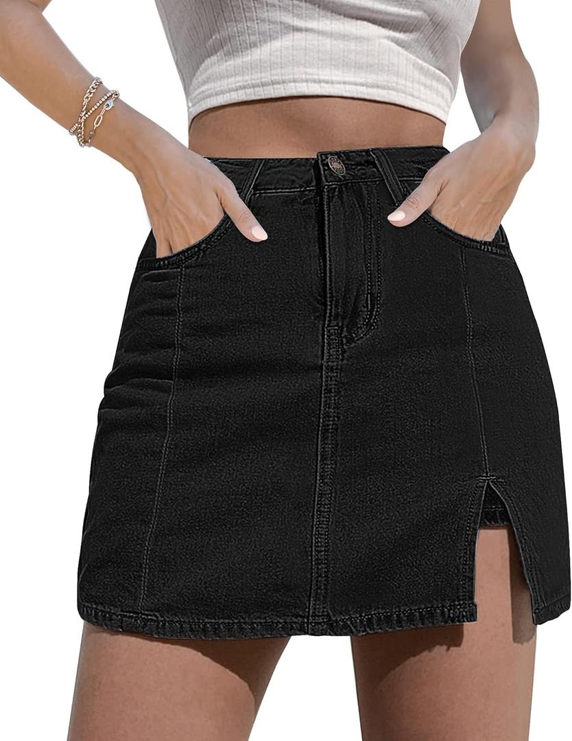 luvamia Skorts Skirts for Women Denim Mini Skirt Side Slit with High Waisted Jean Shorts Stretchy (Medium, B Soft Black)