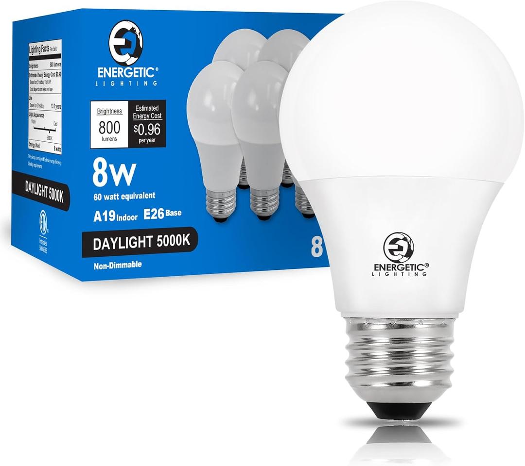 E ENERGETIC LIGHTING Light Bulbs 60 Watt Equivalent, A19 Daylight LED Light Bulbs, 15000 Hrs E26 Base, 8W 800LM 5000K Light Bulb, ETL Listed, Non-Dimmable, 8-Pack