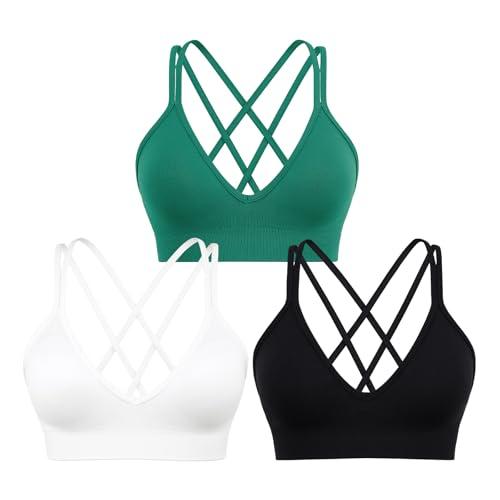 Sports Bra for Women V-Neck Strappy Criss Cross Yoga Bra Padded Medium Support Workout Gym Athletic Fitness Bras 3 Pack Size XL