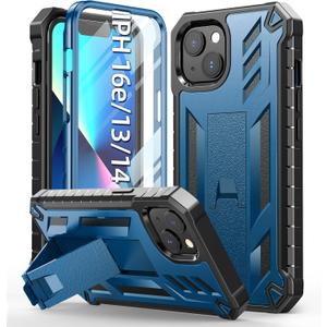 for iPhone 13/14 Protective Case: for iPhone 16e Cover Heavy Duty Military Grade Hard Protection Shock Proof Grip | Durable Dual-Layer Design with Built-in Kickstand Blue