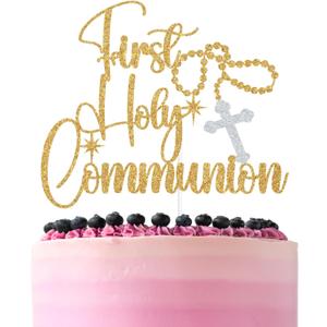 2 x Gold Glitter First Holy Communion Cake Topper, Rosary Cross My Baptism Decor, Religious Christening Baptism Baby Shower Party Decorations Supplies