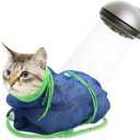Breathable Mesh Shower Bag - Anti Scratch Adjustable Grooming for Nail Trimming, Bathing - Polyester Soft Cat Washing (Blue-Green)