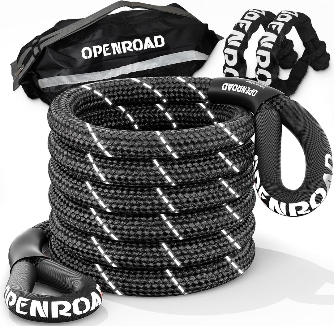 OPENROAD Kinetic Recovery Tow Rope, 4800 LBS (1in x 30ft with Soft Shackle) Extreme Duty 35% Elasticity Energy Offroad Snatch Strap, Vehicle Recovery Kit for Jeep Car Truck ATV UTV SUV