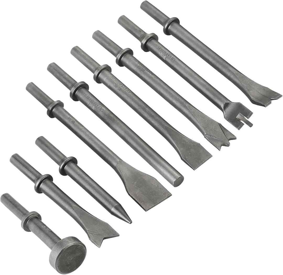 9 Pcs Air Hammer Pneumatic Chisels Tools, 9pcs 0.401'' (10mm) Shank Heavy Duty Pneumatic Air Hammer Chisels, Air Hammer Punch Chipping Bits Tool