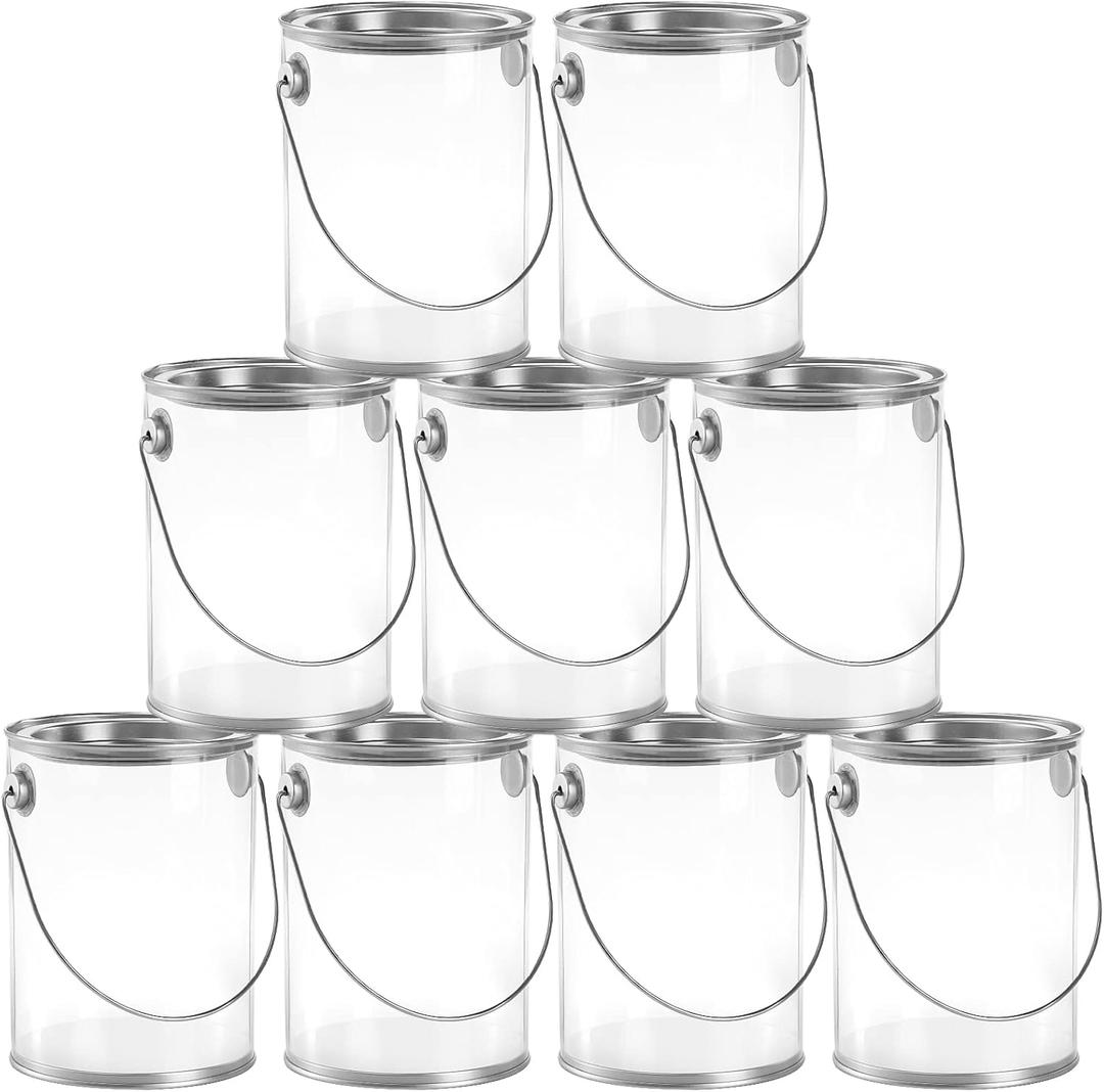 Hedume 9 Pack Clear Paint Can Containers with Metal Lids, 5 Inches Tall Empty Paint Storage Cans, Quart Size Decorative Faux Paint Pails, Great for Party Favors, Decor and DIY