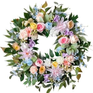 Idyllic 22 Inch Spring Summer Wreath for Front Door with Pink Blue Roses and Hydrangeas Romantic Artificial Flower Wreath for Indoor Outdoor Wedding Porch and Wall Decor