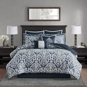 Madison Park Odette Cozy Comforter Set Jacquard Damask Medallion Design - Modern All Season, Down Alternative Bedding, Shams, Decorative Pillows, King(104 in x 92 in), Navy 8 Piece Madison Park Odette Cozy Comforter Set Jacquard Damask Medallion Design - Modern All Season, Down Alternative Bedding, Shams, Decorative Pillows, King(104 in x 92 in), Navy 8 Piece