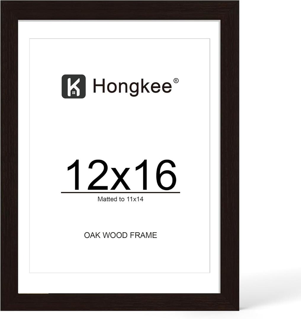 Hongkee 12x16 Oak Wood Picture Frame, Display Photos 11 x 14 with Mat or 12 x 16 without Mat - Tempered Glass Cover, Horizontal and Vertical Display for Wall Mounting (Black, Set of 1)