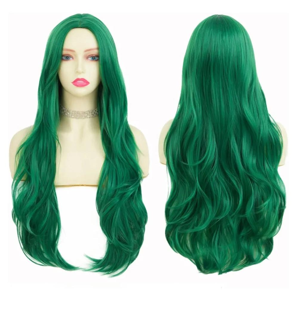 Tseses Green Long Curly Wave Wig for Women Middle Part Curly Wig Natural Looking Synthetic Fibre Hair Wig for Halloween Party Cosplay Use