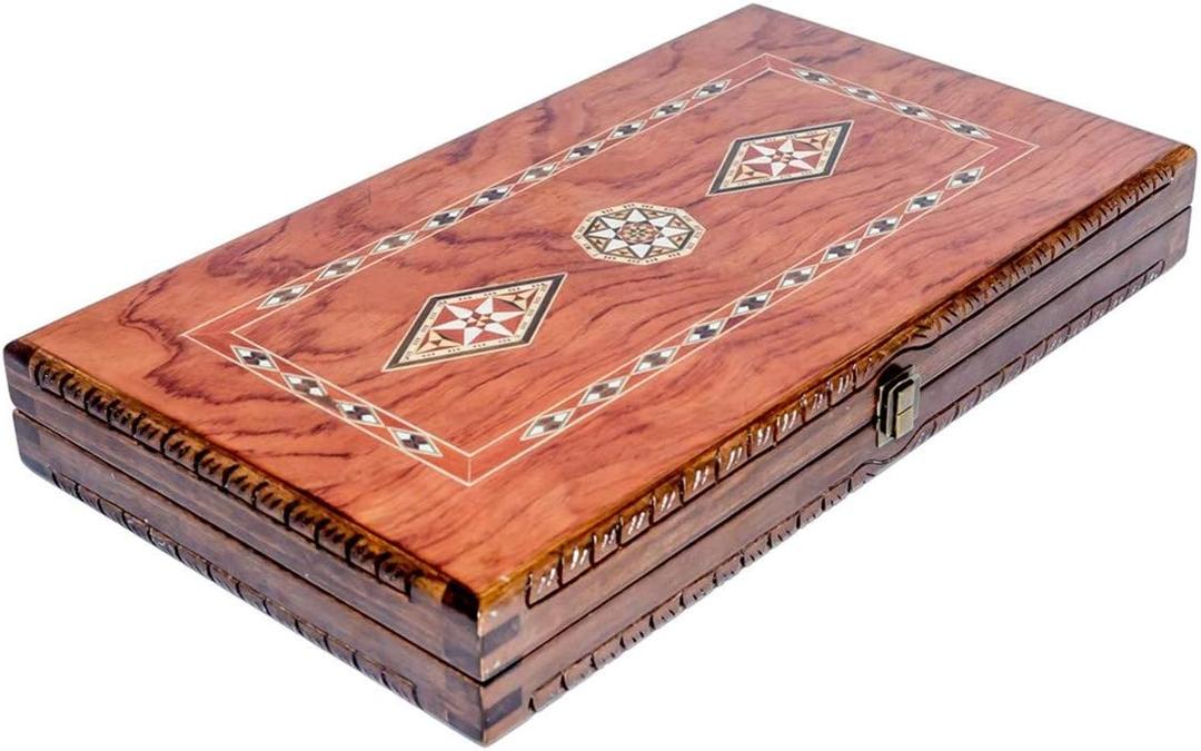 Backgammon Set Mosaic and Carved Design - Foldable Rosewood Board - Classic Board Game - Size 20,5", 52 cm x 30 cm x 8 cm