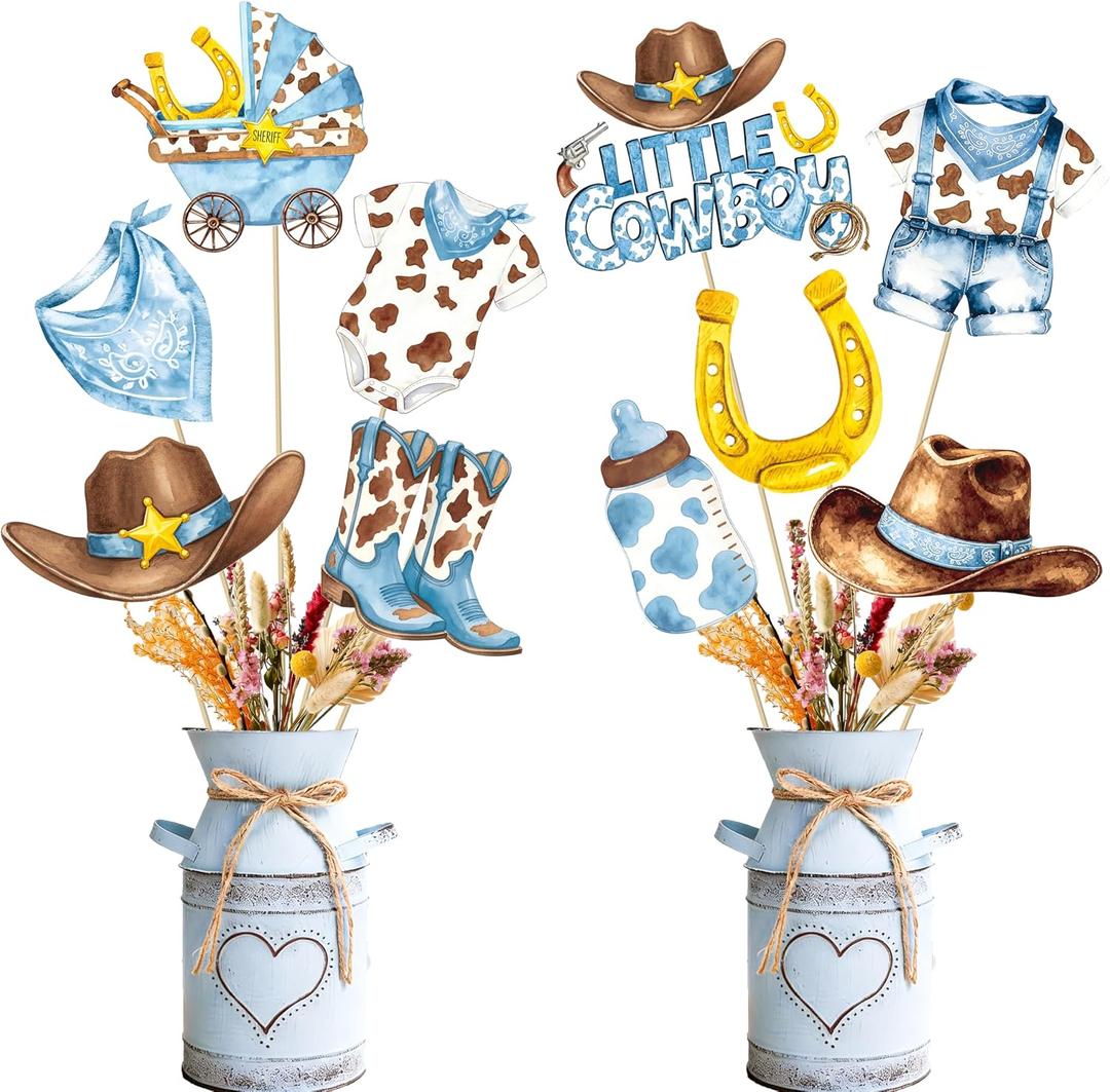 20Pcs Little Cowboy Centerpieces Sticks, Western Table Toppers, Watercolor Baby Boy Shower Centerpiece Decor for A Little Cowboy is on the Way Baby Shower Birthday Wild West Party Supplies