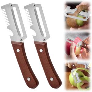 2Pcs Vegetable Peeler for Kitchen 2026 New 3 in 1 Multifunctional Stainless Steel Peeler with Wooden Handle & Bottle Opener and Handle Blade Kitchen Tool (Brown)