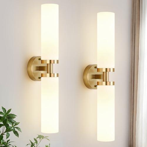 Indoi Wall Sconces Set of Two, Brushed Gold Bathroom Sconces Wall Lighting with Milky White Glass, Modern Sconces Wall Decor Set of 2 Bathroom Light Fixtures for Mirror Living Room Hallway Bedroom