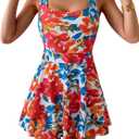 B2prity Women's One Piece Swimdress Swimsuit Tummy Control Swim Dress Modest Full Coverage Bathing Suit with Skirt (Large, Red, Blue Floral)