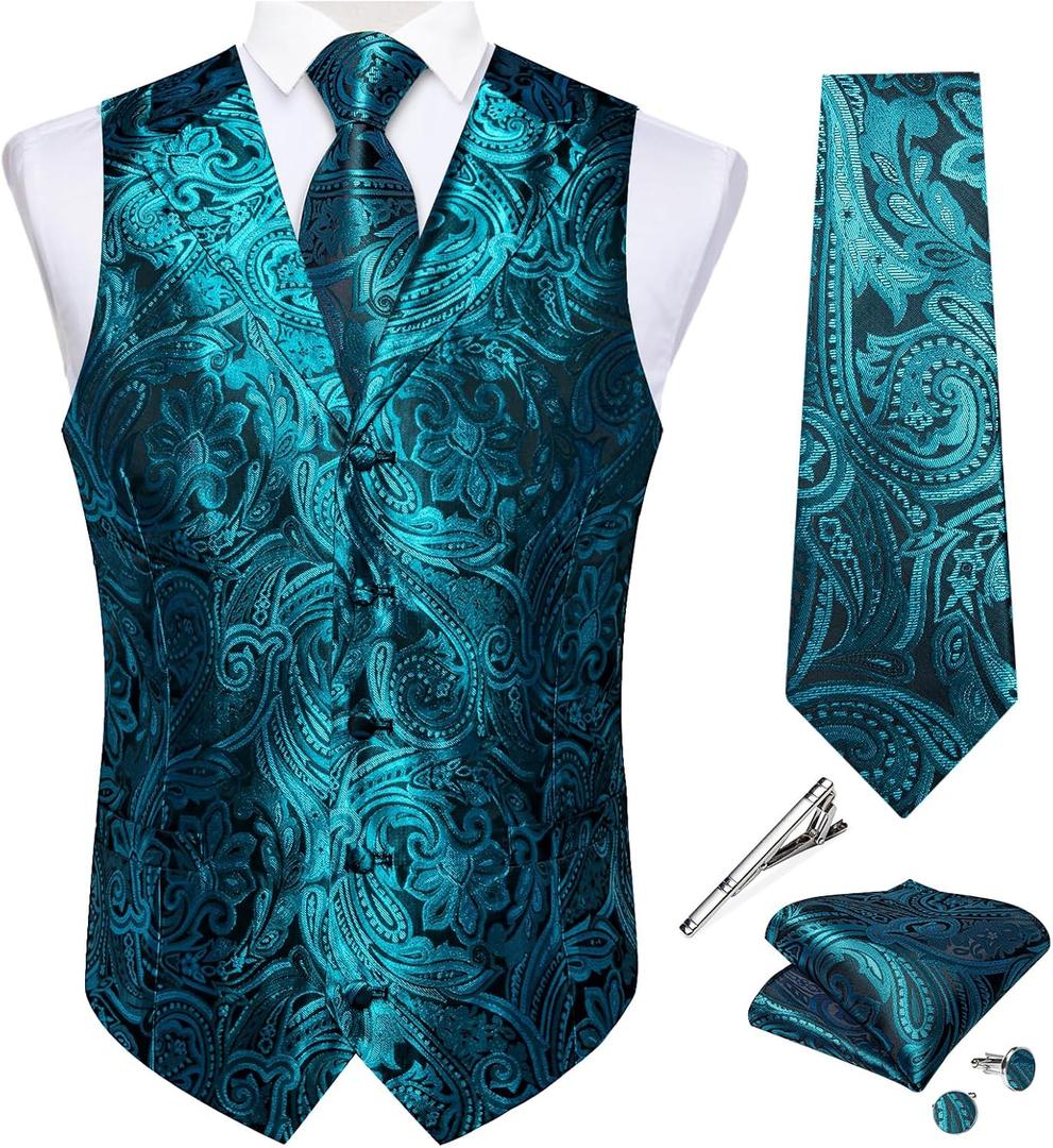 DiBanGu Men's Silk Paisley Vest and Tie Set 5PCS | Dress Vest for Men,Suit Casual Formal Waistcoat,Necktie,Notch Lapel,5 Buttons,2 Real pockets,Wedding,Party,Business,Tuxedo (Blue, M)