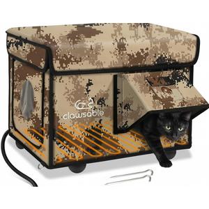 Indestructible Heated Cat House for Outside Cats Winter, 100% Weatherproof, Safe Escape Door, Insulated Outdoor Cat Shelter with Heater for Feral Barn Cat Kitty (Desert Camouflage, 13"x17"x12.6")