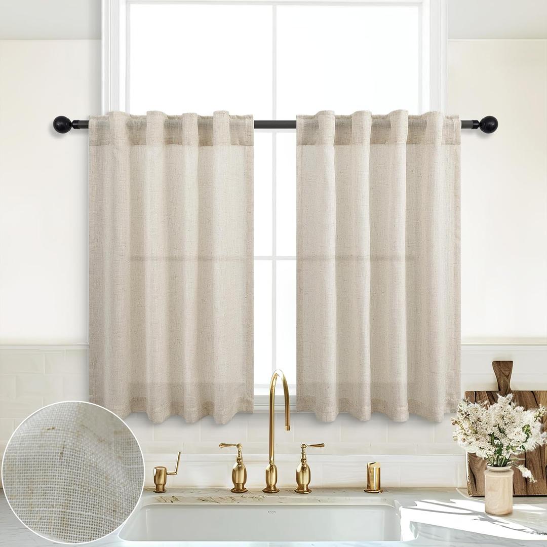 KOUFALL 30 Inch Curtains Length,Sheer Cafe Linen Farm House Curtains 2 Panels for Farmhouse Kitchen Decor (36"W x 30"L (Pack of 2))