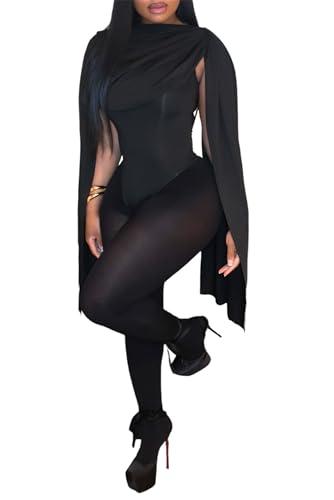 Women's Sexy 2 Piece Outfits Ruched Crowl Neck Cape Sleeve Thong Bodysuit Top Sheer Stockings Club Jumpsuits, Medium