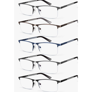 Blue Light Blocking Reading Glasses for Men, Half Frame Metal Readers Spring Hinge Eyeglasses Anti Eyestrain/Glare/UV, Magnification Strength: 1.5 x