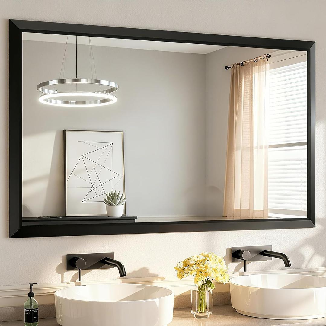 SMIROR Matte Black Bathroom Mirror for Over Sink 60x 40 inch, Metal Thick Frame Rectangle Vanity Mirror for Wall, Anti-Rust, Horizontally or Vertically Mounted