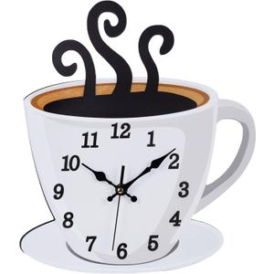 Fomaris Coffee Cup Wall Clock - White Modern Farmhouse Decor, Silent Non-Ticking Battery Operated Kitchen Clock for Coffee Bar, Cafe & Restaurant, 10.2x12 Inch