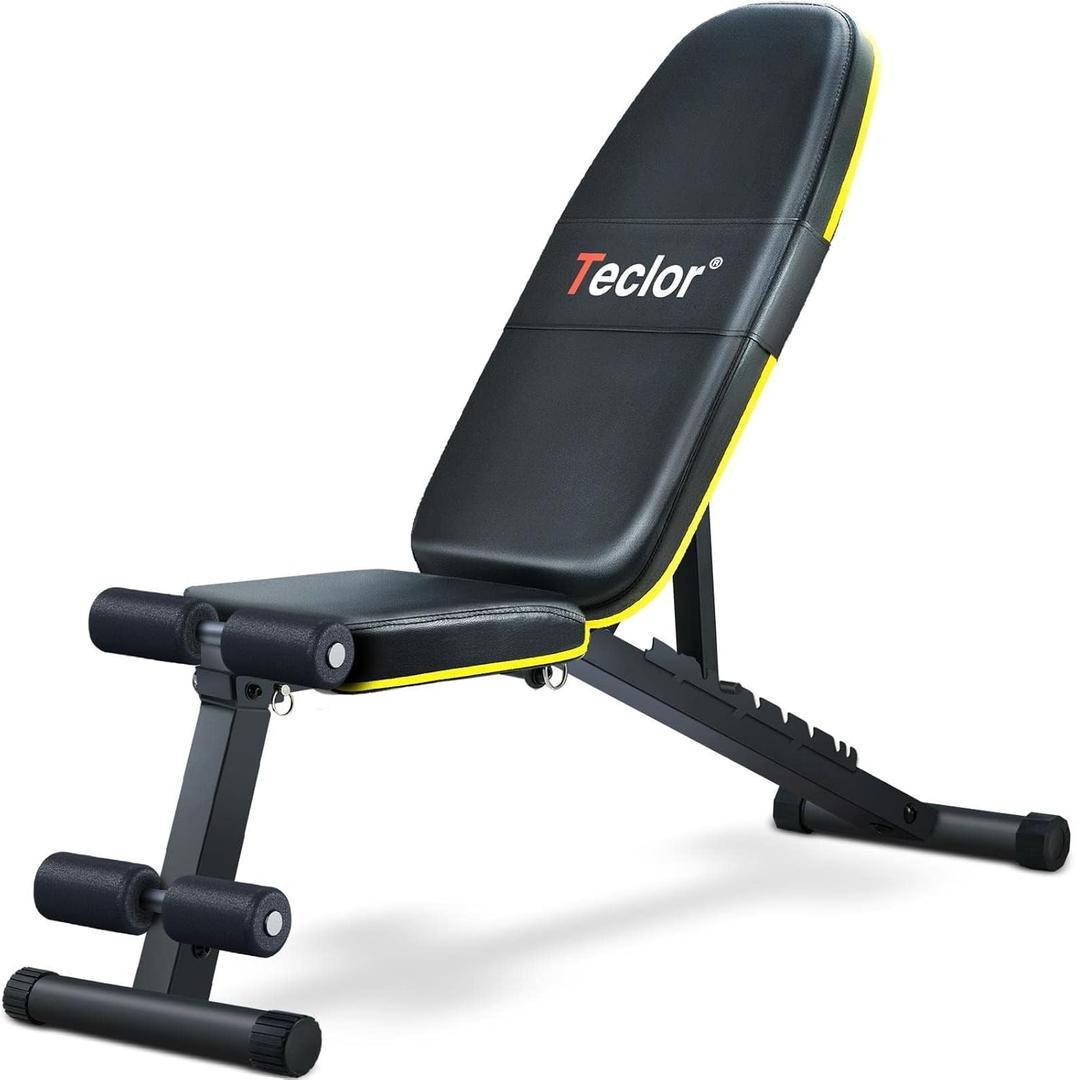 Teclor Adjustable Weight Bench, Foldable Workout Benches for Home Gym, 10 Backrest Position Exercise Bench for Strength Training, Upgraded Thickened Steel Support Max Capacity 700LBs (Yellow-Black)