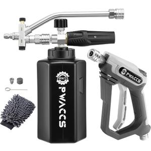 PWACCS Pressure Washer Foam Gun with Dual Connector Accessory, Short Power Washer Gun Foam Cannon and Double Tip Attachment Car Wash Kit, 1/4" Quick Connector, M22 Male Inlet, 4000 PSI, 1.5 Liter