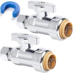 1/2" PTC x 3/8" OD Compression Straight Stop Valve, Toilet Water Shut Off for PEX, Copper, CPVC Pipe, Push to Connect Brass Plumbing Fitting with Quarter-Turn & Disconnect Clip, 2 Pack