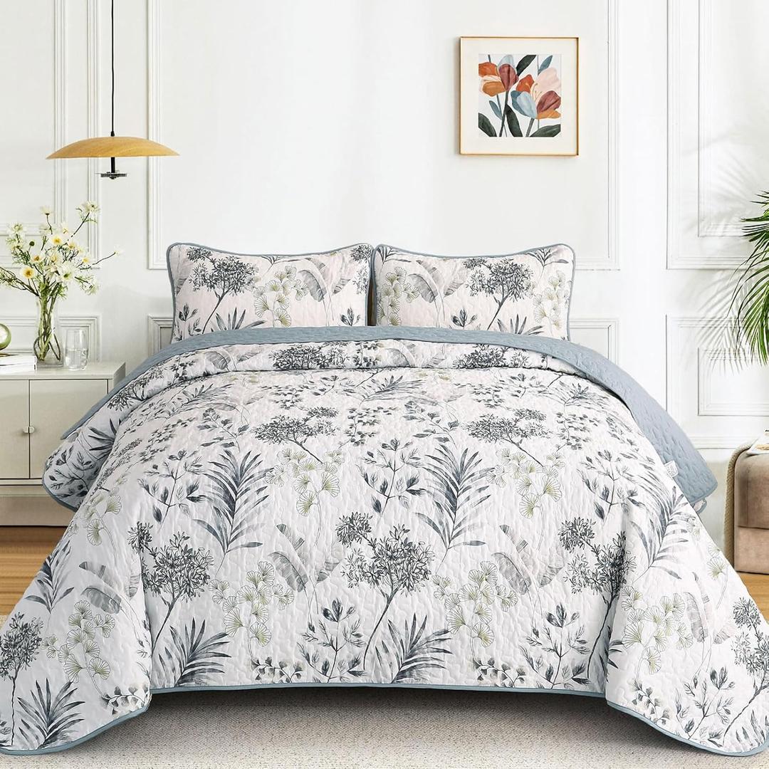 Anibedding Queen Size Quilt Sets Blue Floral Pattern Quilt Bedding Set, 3 Pieces Botanical Quilt Soft Microfiber Bed Coverlet for All Season(96" x 90)