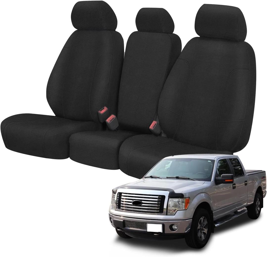 Truck Seat Cover Compatible with 2011-2014 Ford F150-F550 Front 40/20/40 Split Seat with Opening Center Console and Integrated Center Seat Belt, Dutch Velvet Fabric (Black)