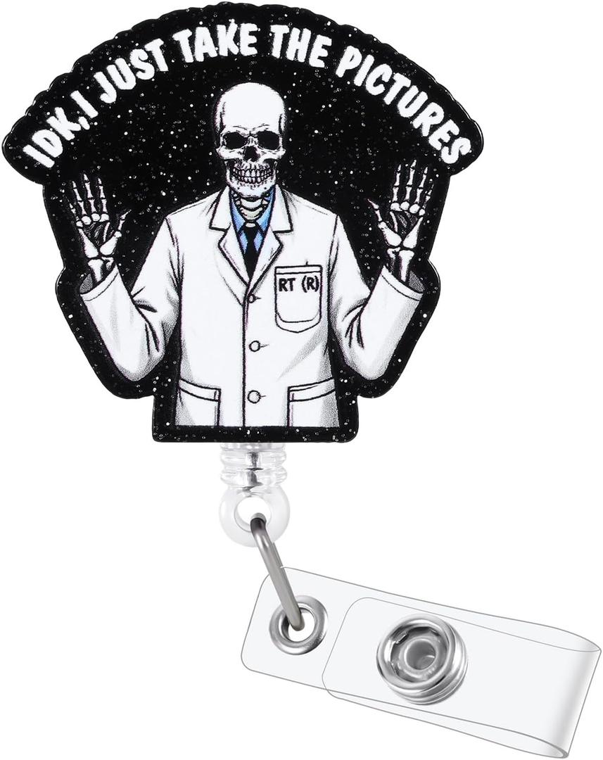 3 x IDK, I Just Take The Pictures Funny Radiology Skeleton Nurse Badge Reel, Cute RT(R) Retractable ID Card Badge Holder, Name Tag Medical Badge Buddy for RN CT MRI RAD Nurse Radiologist X-Ray Tech