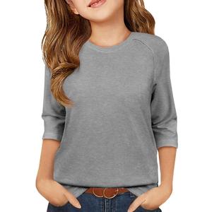 ZDC Girls Casual 3/4 Sleeve T Shirts Kids Cute Crewneck Tops Basic Tees Blouse for 5-14 Years