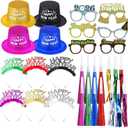 Sratte 36 Pcs 2026 New Year's Party Kit, 4 Colors Hats 12 Noisemakers 6 Eyeglasses 6 Headband Tiaras 8 Blowing Horns for Party New Year Eve Favors