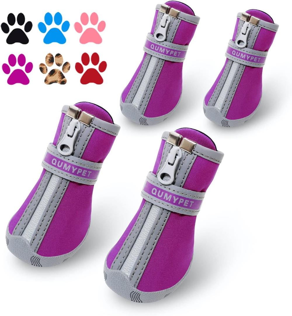 QUMY Dog Shoes for Small Dogs, Puppy Dog Boots & Paw Protector for Winter Snow Day, Summer Hot Pavement, Waterproof in Rain Weather, Ourdoor Hiking, Indoor Hardfloors Skid-resistant Sole Purple Size 5