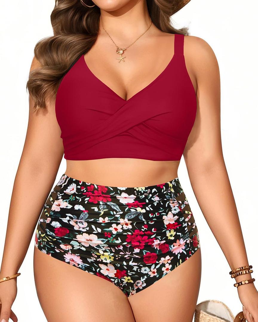 Plus Size Two Piece Swimsuit - High Waisted Bikini Set Tummy Control Bathing Suits for Women (Red Floral, 18 Plus)