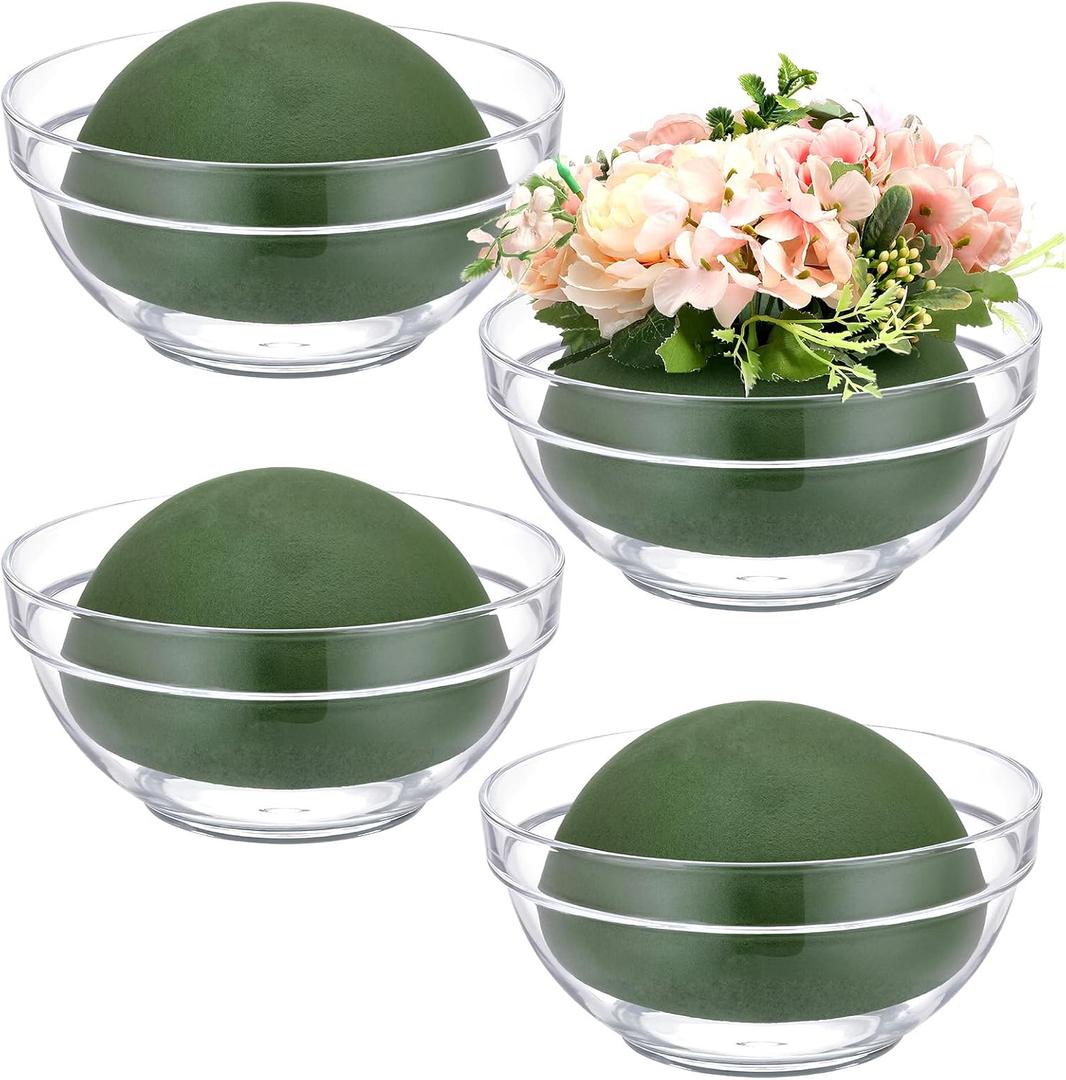 Acellegic 4 Pcs Floral Foam Half Ball with Clear Plastic Bowls, Round Green Floral Dry Foam 5.5 x 2.75 Inches for Artificial Flower Arrangement, DIY Crafts, Wedding, Home Decor