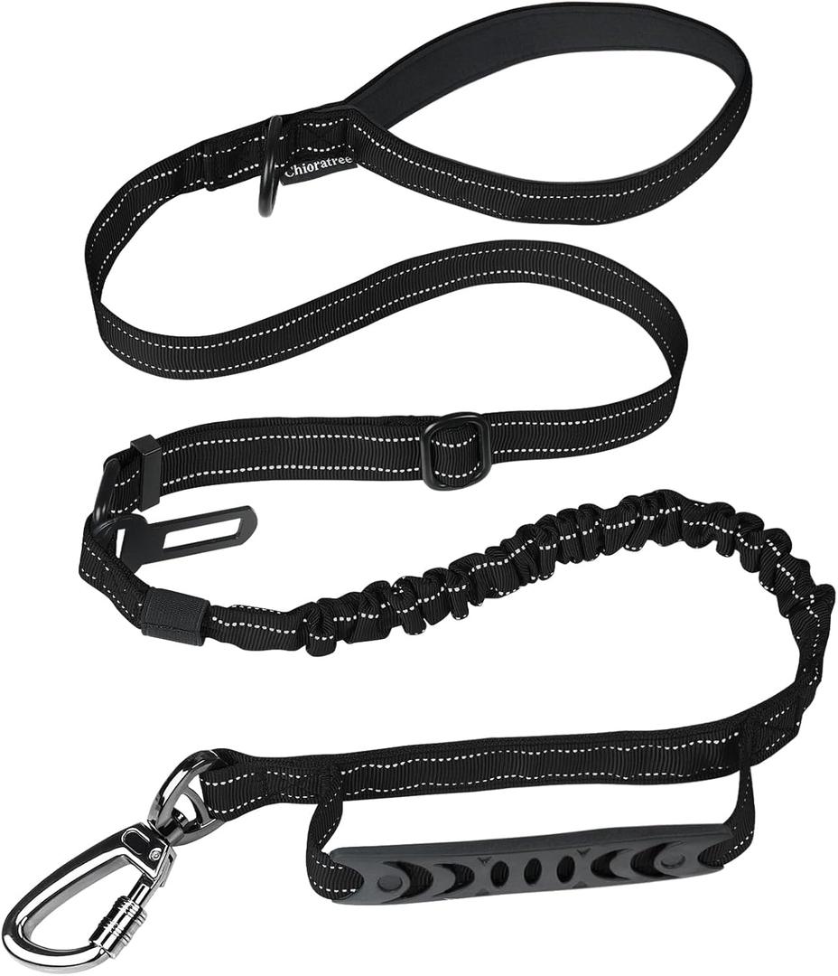 Heavy Duty Dog Leash for Medium Large Dogs That Pull,4-6FT Shock Absorbing Bungee Tactical Dog Leash with Control Padded Handle and Car Seatbelt, Reflective Lead for Walking Training,Black